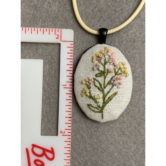 Delicate Wildflower Embroidery Necklace in Bezel - Handmade Jewelry - Picture 5 of 5